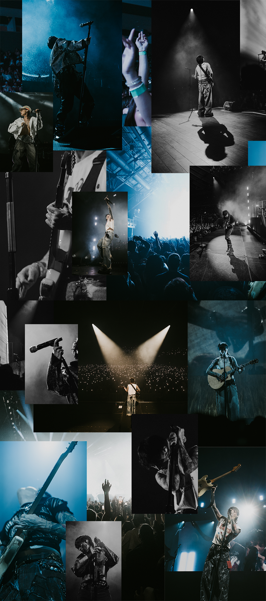 Collage of concert photos with musicians on stage.